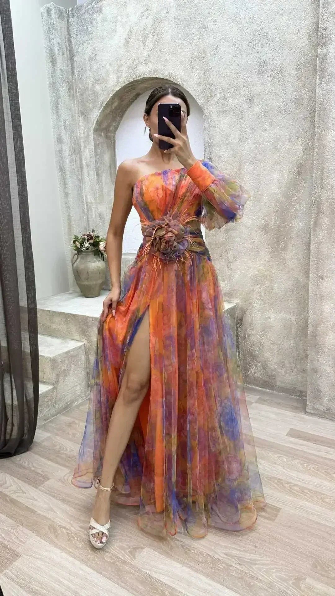 Elegant Oblique Shoulder Single-sleeve  Zipper High Slit Mesh Long Dress For Women Fashion Flower Decoration Party Dress Female