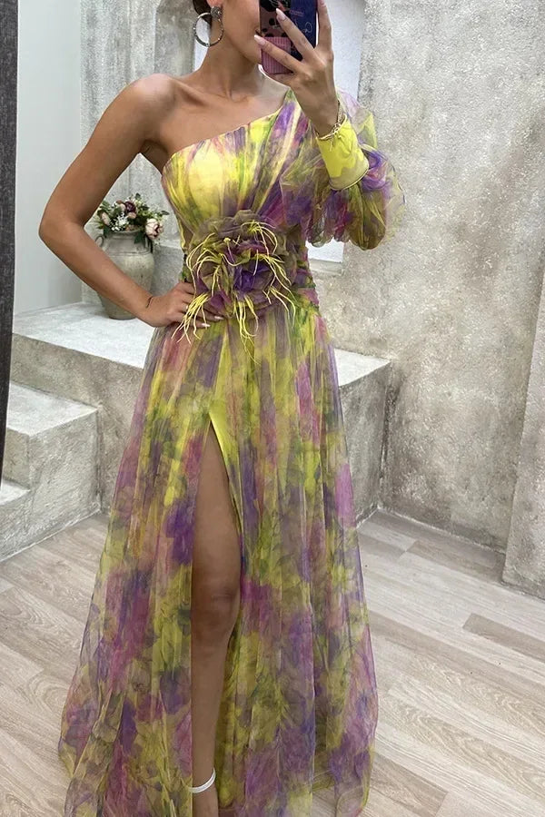 Elegant Oblique Shoulder Single-sleeve  Zipper High Slit Mesh Long Dress For Women Fashion Flower Decoration Party Dress Female