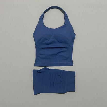 2 Pieces Shorts Yoga Set Women Backless Halter Tops High Waist Seamless Shorts Gym Suit Fitness Sportswear Workout Sets