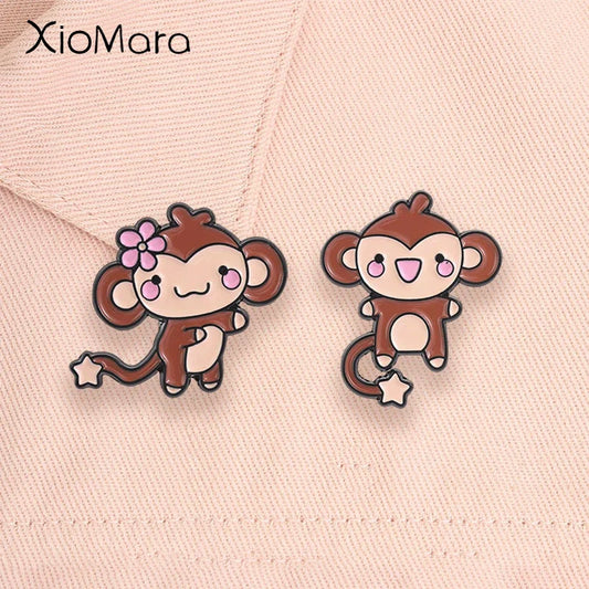 Cute Monkey Enamel Pins Cartoon Star Tail Ape Floral Kawaii Animal Brooches Lapel Backpack Badge Fashion Jewelry Gift for Friend