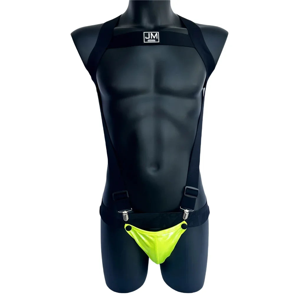 Sets Men Bodysuit Suspender Jumpsuits Nylon Jock Strap Harness Gay Underwear Jockstrap Laser Faux Leather Removable Penis Pouch