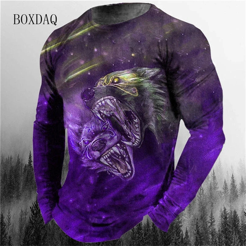 3d Animal Wolf Pattern Print Men's T-shirts Spring Autumn Long Sleeve Street Style Cotton Oversized Tops Loose Casual O-Neck Tee