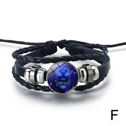 12 Constellation Gem Leather Bracelet Men Women Glass Bracelet