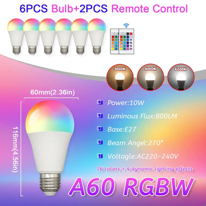 E27 RGB LED Light Bulb 220V 10W with IR Remote Control Color Changing Multicolor + White Lamp Spotlight for Bedroom Party Home