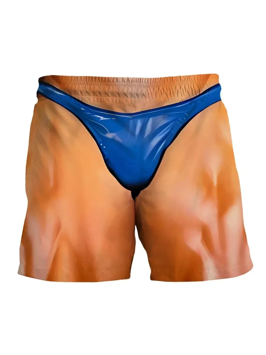 Summer New Men's Board Shorts Swimming Pants Drawstring Funny Shorts Fake Shorts Underwear Printed Micro Elastic Shorts