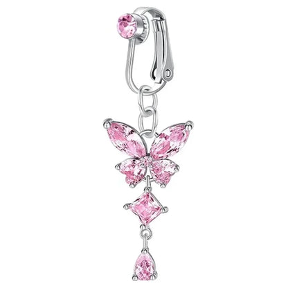Clip On Belly Button Ring Butterfly Copper Zircon Pink Fake Belly Piercing Umbilical Navel Body Jewelry Trendy Fashion Style