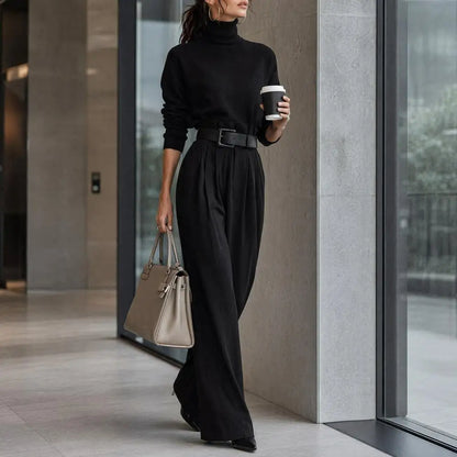 2 Piece Set Women's High-Neck Turtleneck Long Sleeve High-Waist Belted