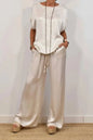 Casual Loose Satin T Shirt Pants Two Piece Sets Women Fashion O-Neck