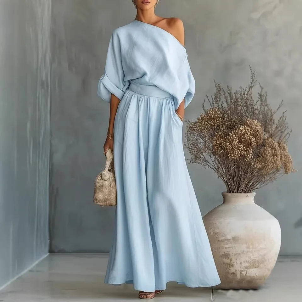 Elegant Two-Piece Short Sleeve Top & Casual Pants Set Woman Sexy Slash