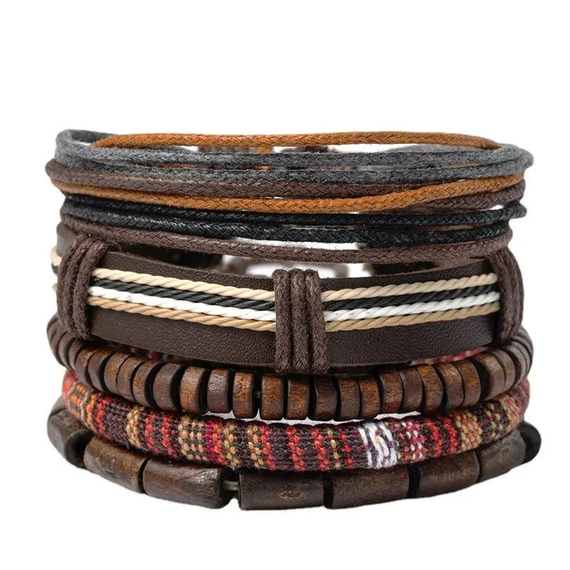 Bohemian Leather Bracelet Men Hand-woven Bracelet Men's Wooden Bead Bracelet Bracelet for Men Charm Bracelet Mens Jewellery