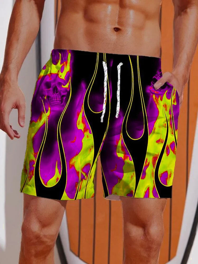 New Men's Summer Shorts Loose Luxury Shorts 3D Printed Casual Green Flame Printed Harajuku Shorts Hawaiian Beach Shorts