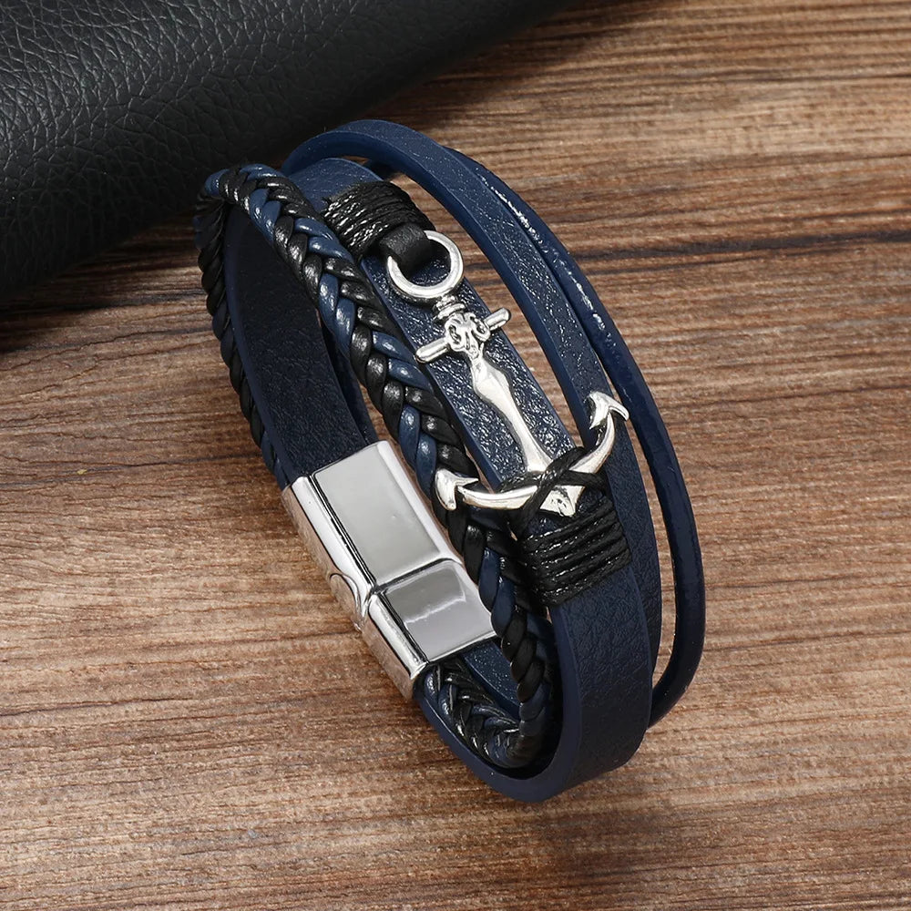 Leather Bracelet For Men Alloy Anchor Leather Bracelet Simple Style, Multi-layer Hand-made Leather Men's Magnet Buckle