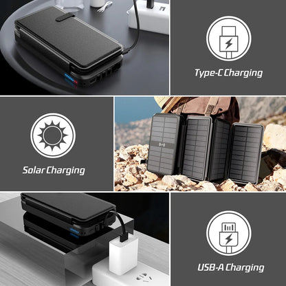 43800mAh Solar Power Bank Quick Wireless Charger External Battery Pack PD 20W Powerbank Built Cables LED Light for iPhone Xiaomi