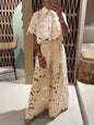 Women Set Short Sleeved Blouse Tops + Tie-up Pants Two Peics set Lace Outfit Embroidery 2025 New Retro Hollow Temperament Suit