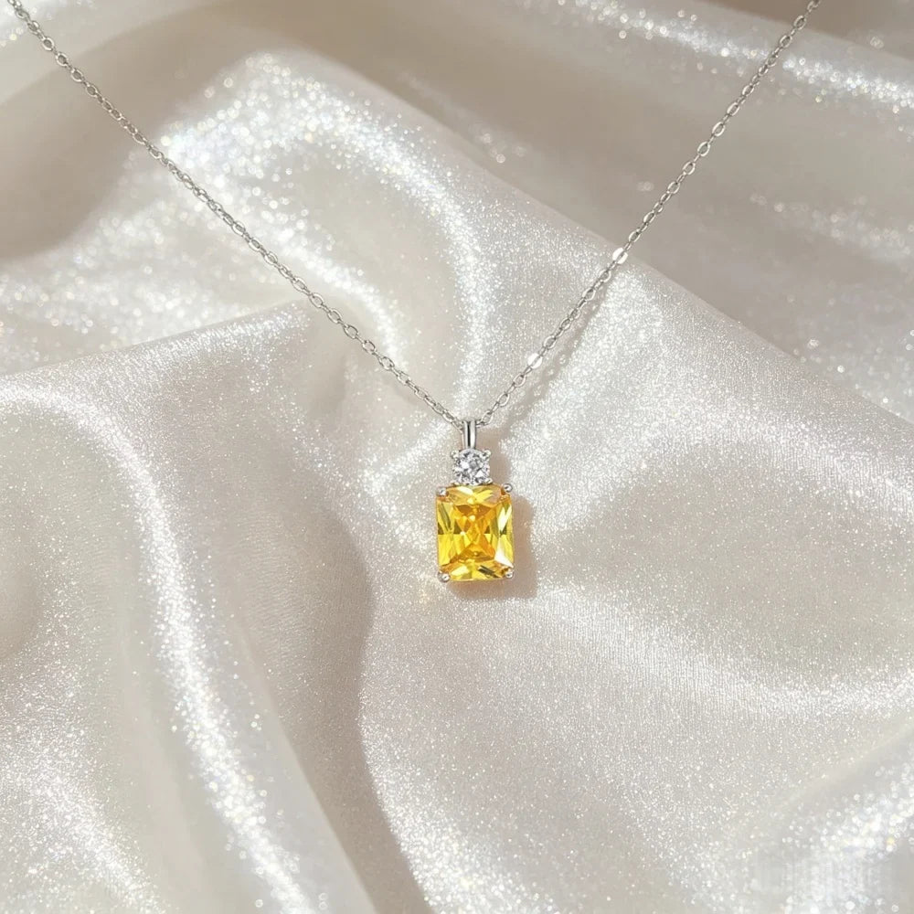 925 Silver Radiant Cut Yellow Crystal Pendant Necklace Women Sparkling Cubic Zircon Citrine Choker Chain Fine Jewelry