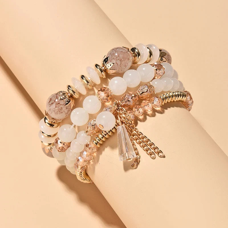 4Pcs Bohemian Women Pink Tassel Bracelet Set For Female I Love You Feather Round Charm Beads Chain Bangle Fashion Party Jewelry