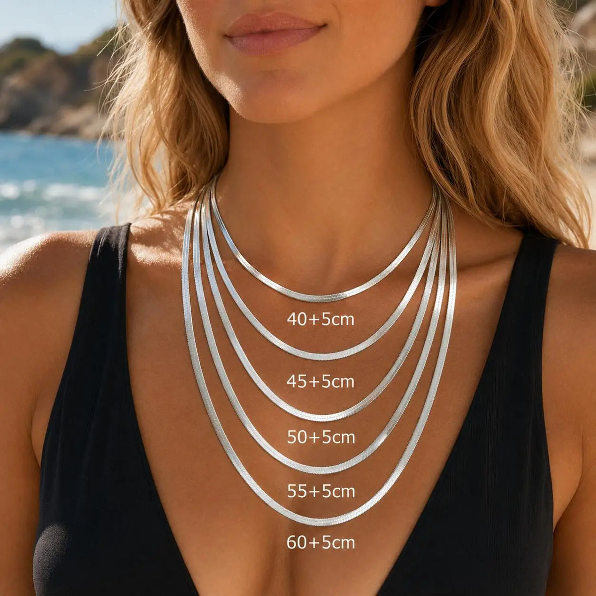 Stainless Steel Snake Chain Necklace for Women Men, Silver Color Herringbone Choker Flat Neck Chain 40-60cm Summer Jewelry