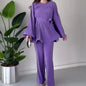 Women's New Autumn Two-piece Set Round Neck Bat-sleeved Pleated Big Swing Frenum Top Temperament Elegant Loose Straight Pants