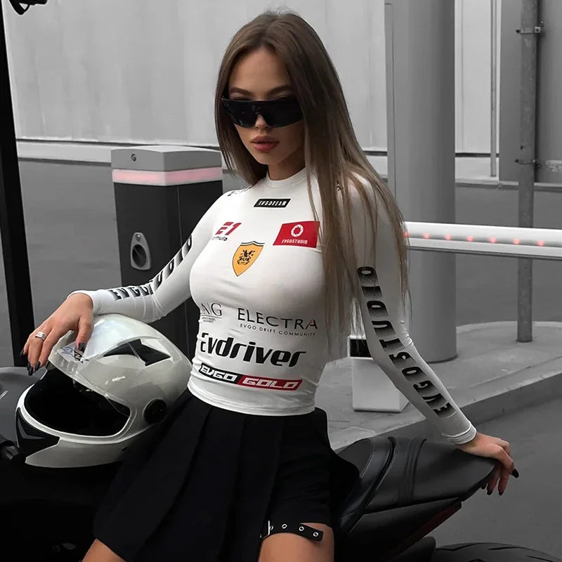 Spicy Racing Style Letter Print Long Sleeve Tee