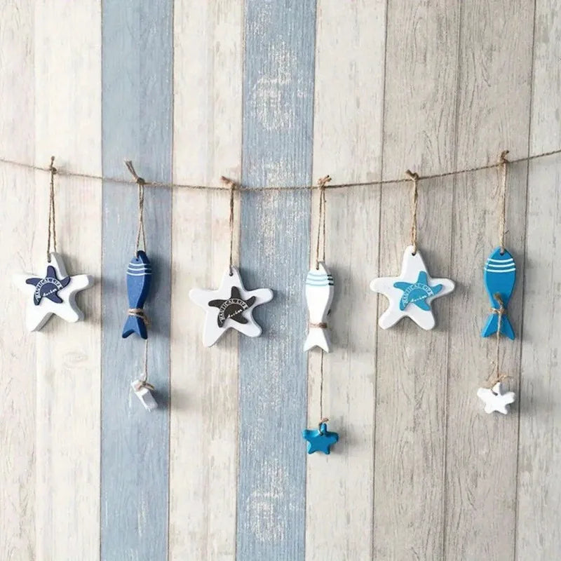 3Pcs/Set Wood Crafts Mediterranean Starfish Hung Fish Nautical Decor Hang Decorated Marine Pendant