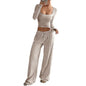 Women's Striped 2 Piece Outfits Long Sleeve Square Neck Cropped Top Drawstring Wide Leg Pants Set Casual Lounge Lady Sweatsuits