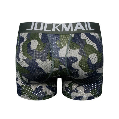 Men's Sexy Fashion Ice Silk Mesh Breathable Soft Comfortable Butt Lift Boxer Briefs Underwear Low Waist Camouflage Quick Dry