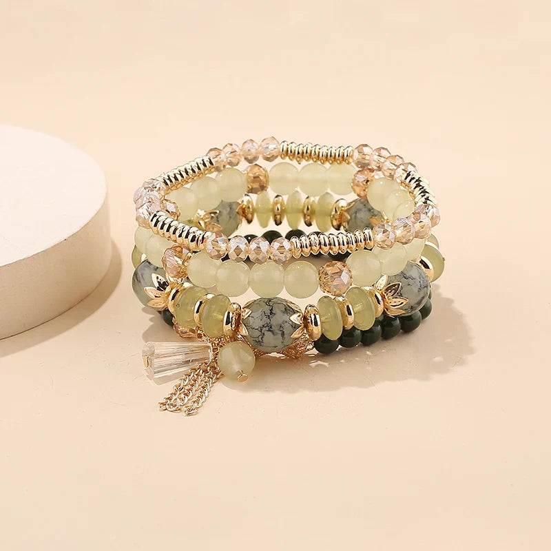 4Pcs Bohemian Women Pink Tassel Bracelet Set For Female I Love You Feather Round Charm Beads Chain Bangle Fashion Party Jewelry