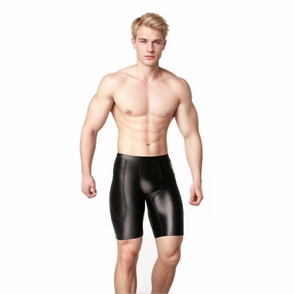 AMORESY Men's Sexy Smooth Shiny Medium Waist Sportswear Elastic Tights Silk Pants Running Sports Breathable Fitness Beach Shorts