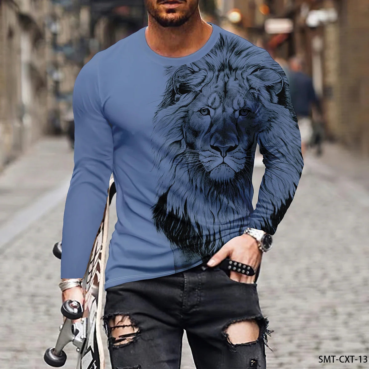 Vintage Animal Lion 3d Print Summer Men's Round Neck T-shirt Casual Long Sleeve Oversized T Shirt Fashion Pullover Men Clothing