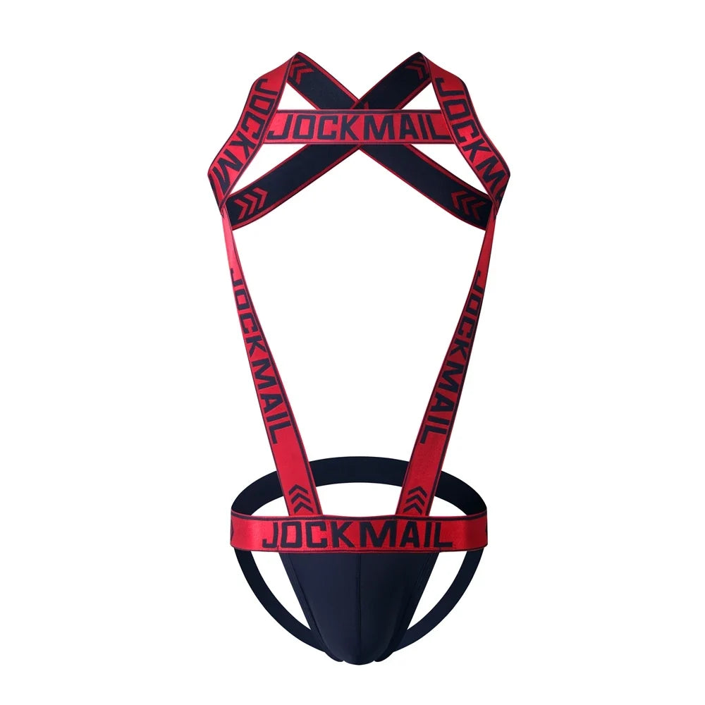 Sexy Lingerie Men's Harness Chest Bodysuit Hollow Out One-piece Jockstrap Leotard Contrast Color Bulge Pouch Bodysuit Underwear
