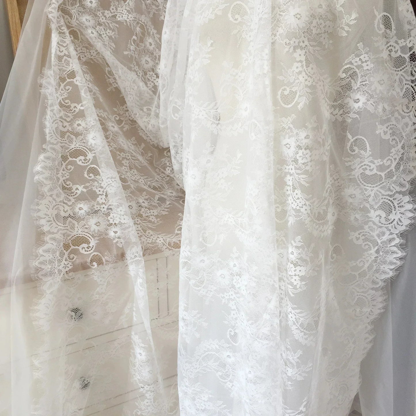 3Meters/lot Off White French Chantilly Lace Fabric , Eyelash Embroidery Lace Craft Bridal Veil Lace Accessory 150cm Width