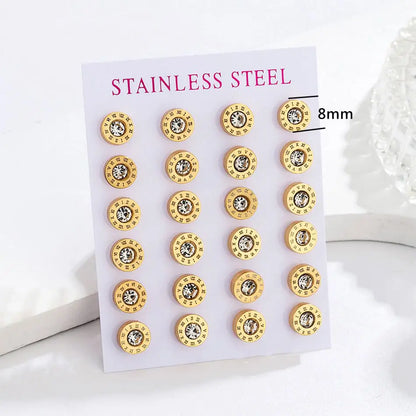 12 Pairs Pack Stainless Steel Round Shape Cubic Zircon Roman Numeral