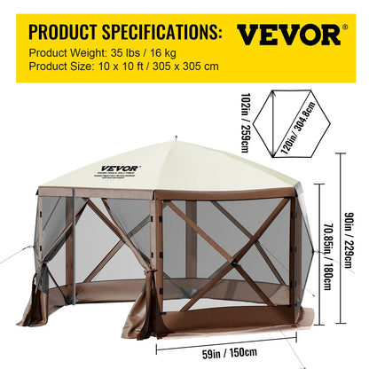 SucceBuy Pop-up Camping Gazebo Camping Canopy Shelter 6 Sided 12' x 12' / 10' x 10' Sun Shade Tents & Canopies Camping & Hiking