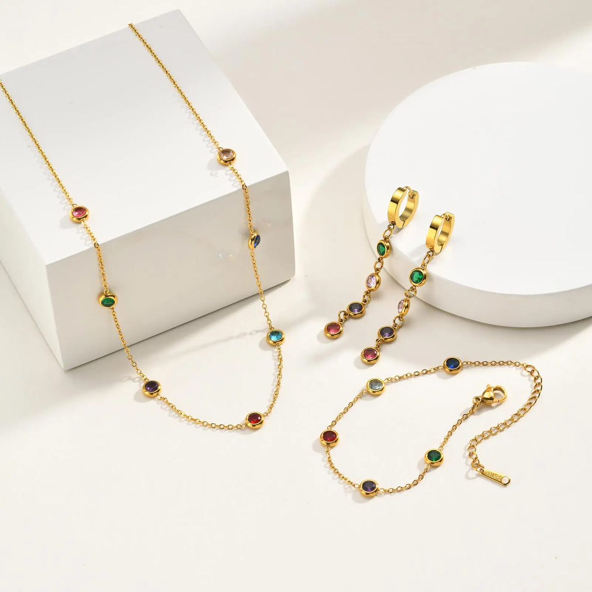Dainty Colorful CZ Station Choker Necklace, Womne's Gold Plated Stainless Steel Chain Tarnish Free Stackable Jewelry Waterproof