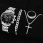 4PCS Men's Watch Set Fashion Trend Business Quartz Watch Cross Pendant Necklace Ring Bracelet Jewelry Set Perfect Gift for Him