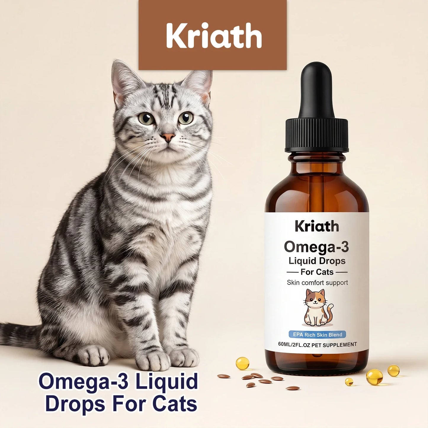 Kriath Omega-3 Liquid Drops for Cats, EPA & DHA Supplement, Nourish Skin & Coat, Reduce Shedding, Support Skin Barrier Health