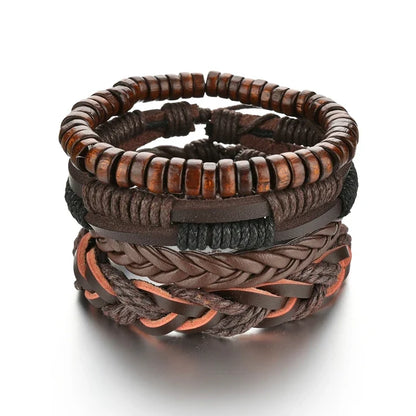New Trendy Retro 4pcs/Set Bracelets & Bangles Men's Multilayer Black Leather Jewelry Charm Pulseiras Boyfriend Wristband
