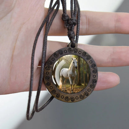 Horse Necklaces White Brown Horse Galloping Glass Dome Vintage Wooden Pendant Rope Chains Necklace Women Men Goth Jewelry Gift