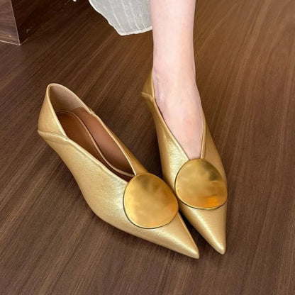 2025all-Match Gold Pointed-Toe Metal Buckle Single Shoes Women Wear