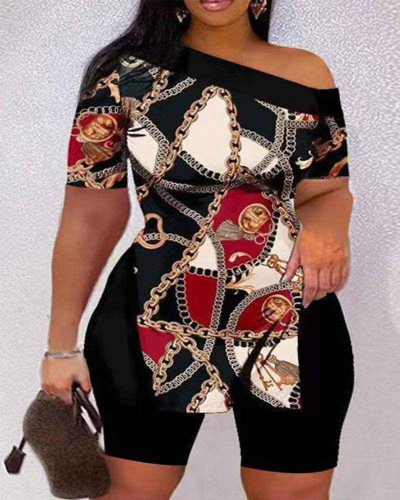 Print Two Piece Shorts Sets Women Skew Collar Short Sleeve Shirts Side Split Tops Pullover Elastic Waist Trousers Summer 2025