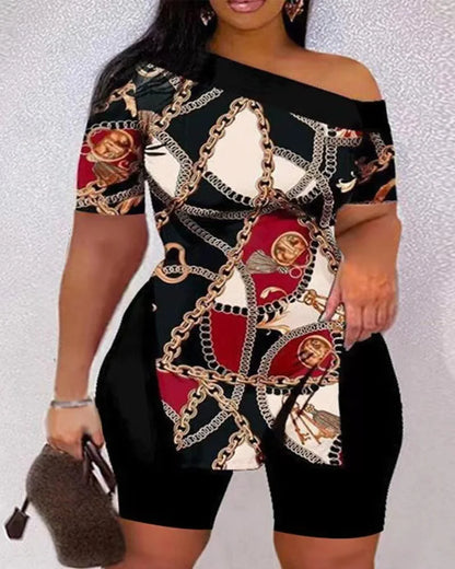 Print Two Piece Shorts Sets Women Skew Collar Short Sleeve Shirts Side Split Tops Pullover Elastic Waist Trousers Summer 2025