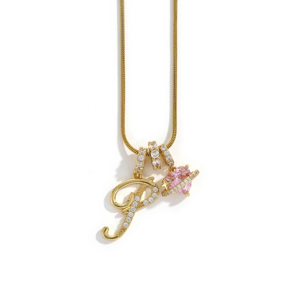 Gold Color Zircon Flower Pendant Necklace Female A-Z 26 Letter Alphabet Wedding Jewelry Gift for Women