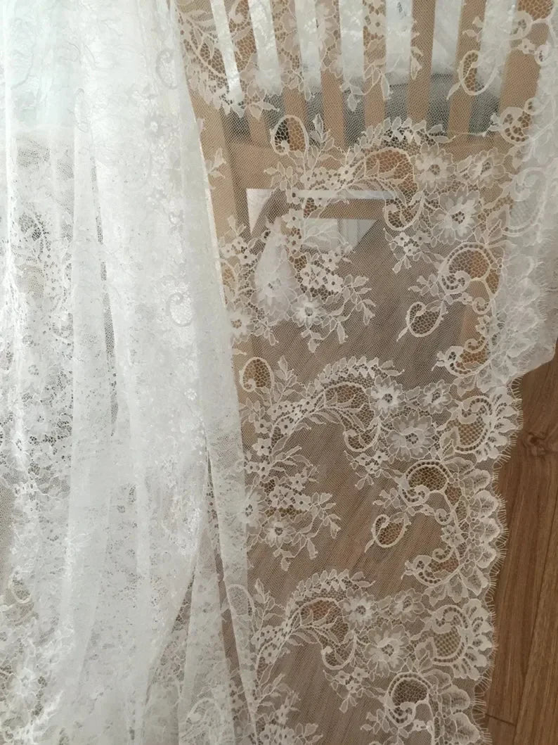 3Meters/lot Off White French Chantilly Lace Fabric , Eyelash Embroidery Lace Craft Bridal Veil Lace Accessory 150cm Width