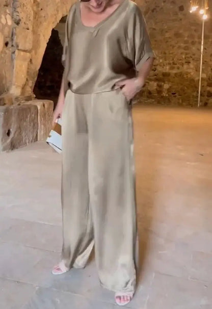 Summer Short-sleeved T-shirt Two-piece Set For Women V-neck Top Pullover Wide-leg Pants Suit For Women Spring Loose Satin Suit