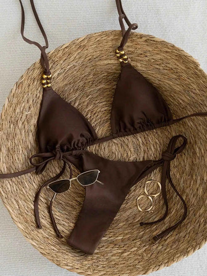 Brown Beaded Triangle Bikini Swimsuit Set