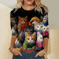 Womens Cat Print Loose T-Shirt Animal Print Long Sleeve Shirt Fashion Clothing 2024 Ladies Cute Print Long Sleeve