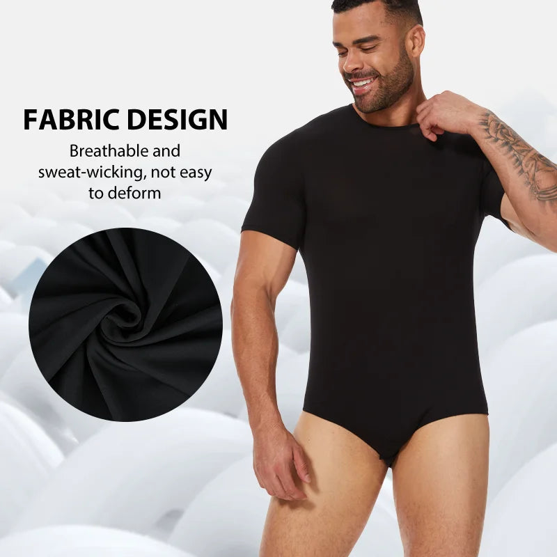 Mens Round Neck Bodysuit Short Sleeve Jumpsuit Press Crotch Underwear Adult Leotard for Shapewear Compression Romper Undershirt