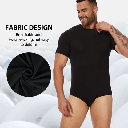 Mens Round Neck Bodysuit Short Sleeve Jumpsuit Press Crotch Underwear Adult Leotard for Shapewear Compression Romper Undershirt