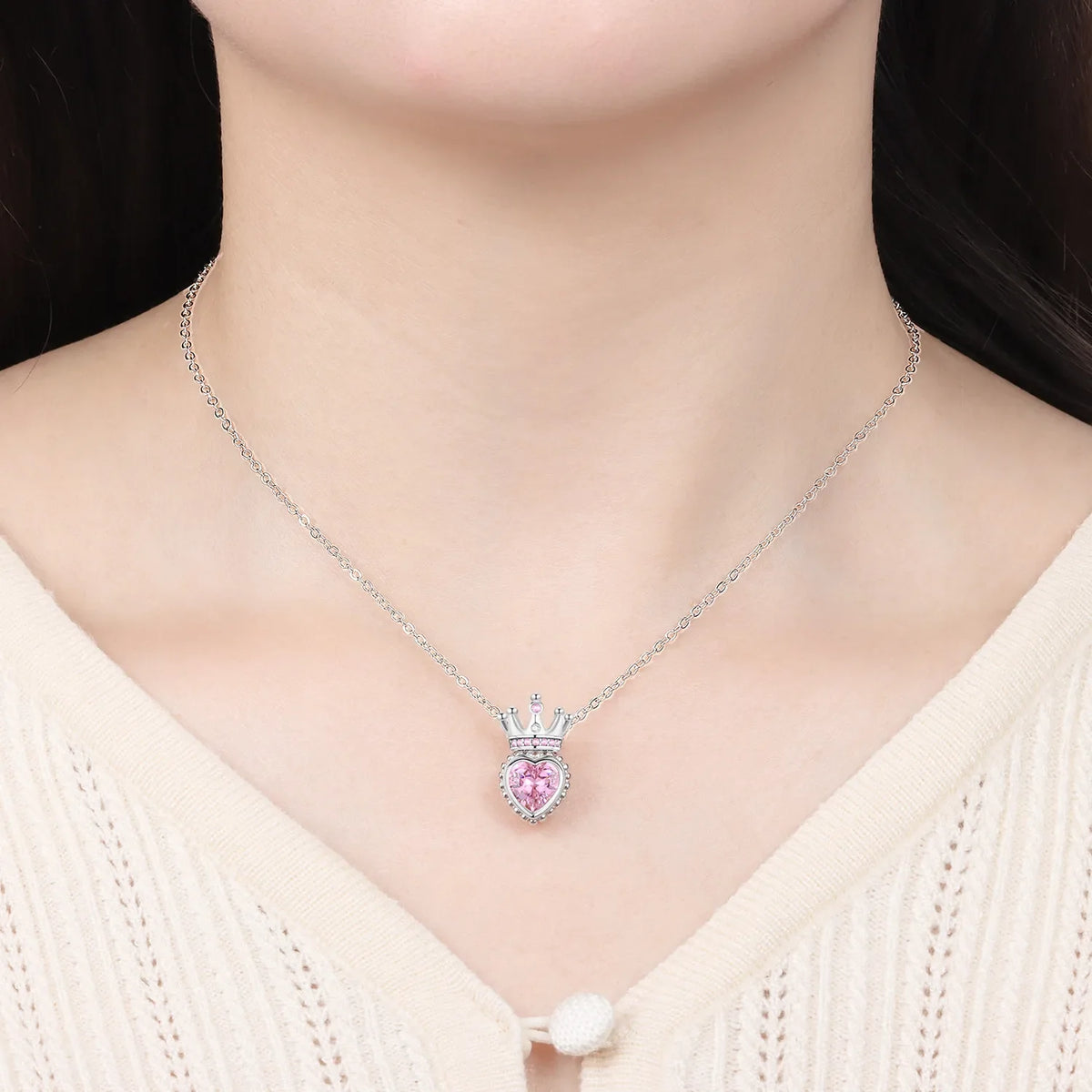 Romantic Pink Crown Heart Pendant Necklace Genuine 925 Sterling Silver Elegant Fine Jewelry for Women Wedding Holiday Presents