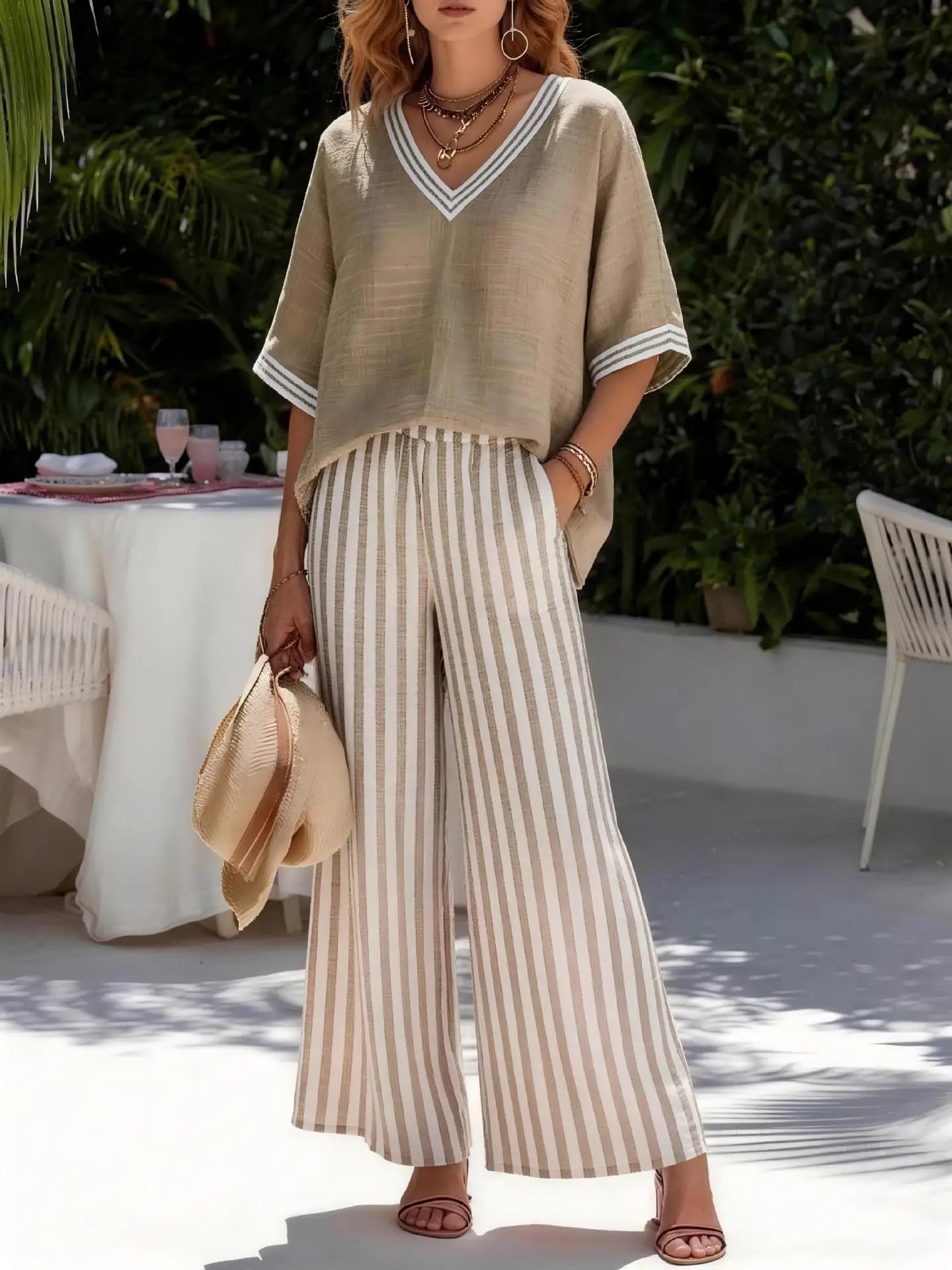 Fashion Women's Casual Striped Comfortable Loose V-Neck Cotton Hemp
